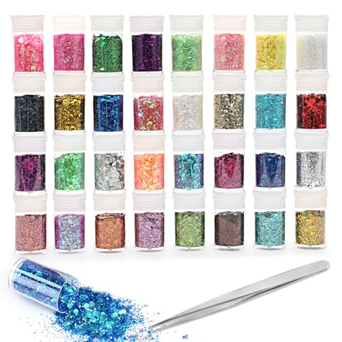 LOMUG Glitzer Basteln, 32 Farben Glitzerpulver zum Basteln Bunte Glitzer Pulver Set mit Pinzette Bastelglitzer DIY Streuglitzer zum Basteln für Party Deko,Make up,Nägel,Papier,Masquerade,Epoxidharz von LOMUG