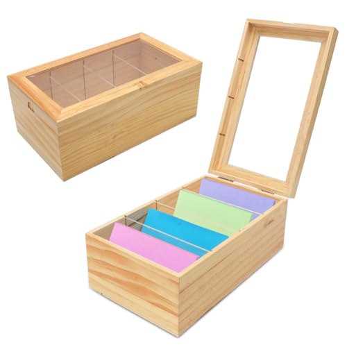LOMUG Karteikarten Box, Karteikasten A7 Holz mit Transparent Staubdicht Deckel, Vokabelbox Lernkarteibox für Büro Schulen, 25,4cm*15cm*10,2cm von LOMUG