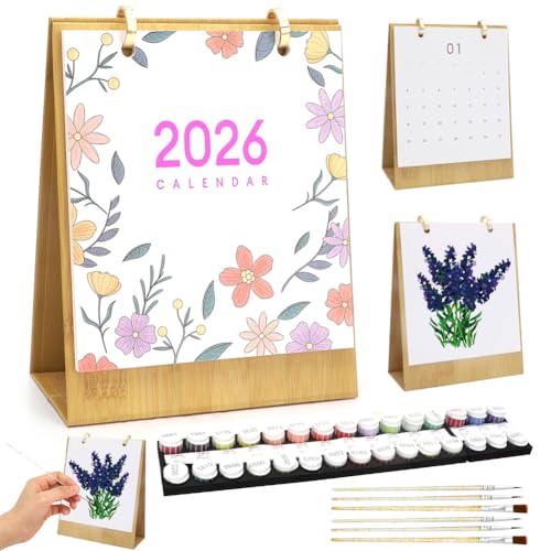 LOMUG Malen Nach Zahlen Kalender 2026, DIY Tischkalender 2026 zum Aufstellen mit Pinsels Acrylfarbe Base, Handgemalte Ölgemälde Tischkalender für Geschenke Home Haus Deko(Blumen) von LOMUG