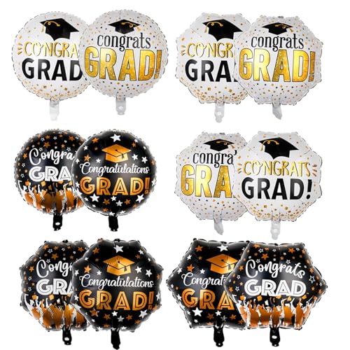 Abschlussdekorationen 2025, 6 Stück Folienballons mit Aufschrift "Congrats Grad", 45,7 cm, Schwarz / Weißgold, selbstaufblasende Heliumballons für Abschlussfeier, Abschlussball, Party-Dekoration Abschlussdekorationen 2025, 6 Stück Folienballons mit Aufschrift "Congrats Grad", 45,7 cm, Schwarz / Weißgold, selbstaufblasende Heliumballons für Abschlussfeier, Abschlussball, Party-Dekoration von LOMYLM
