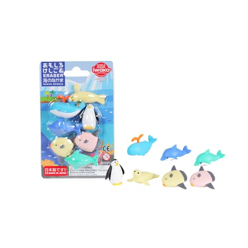 Iwako Meeres Radiergummi-Set | 7 verschiedene Meerestiere | Delfine, Wal, Pinguin, Seerobbe, Fische | praktische Blisterverpackung | Perfekt für die Schultüte | DIY, Schule, Büro & andere Projekte von LONESTAR
