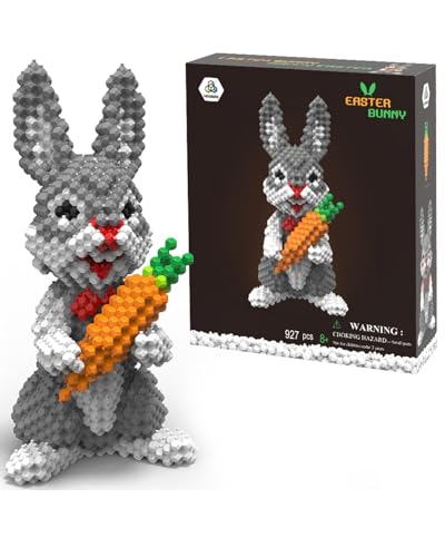 LONESTAR Spezial Klemmbausteine Hase mit Möhre 3D 927 Teile, Kadele Blocks Serie, Mikrobausteine DIY Set mit Sortierbox, stabiles Bauprojekt aus ABS Kunststoff, kreative Osterdeko in Grau und Weiß von LONESTAR