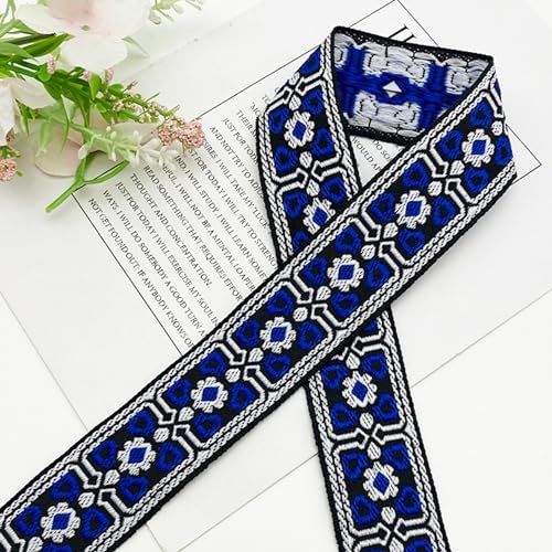 LONGHAO Ethnische Jacquard Band, Blau, Rautenmuster, Polyester, 3,5 cm x 5 m, Hochzeit, Geburtstag, Feierliche Anlässe von LONGHAO