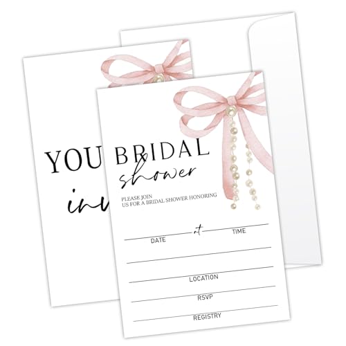 LONLONBANG Hochzeitseinladungen mit rosa Schleifen, 25 Stück, Aquarell-Hochzeitseinladungen mit Umschlägen, für Mr & Mrs, doppelseitig, zum Ausfüllen, Brautparty, Gastgeschenk und Zubehör – YT0150 LONLONBANG Hochzeitseinladungen mit rosa Schleifen, 25 Stück, Aquarell-Hochzeitseinladungen mit Umschlägen, für Mr & Mrs, doppelseitig, zum Ausfüllen, Brautparty, Gastgeschenk und Zubehör – YT0150 von LONLONBANG
