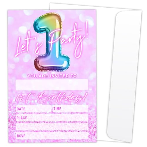Let's Party Einladungskarten zum 1. Geburtstag, für Jungen, Mädchen, Kinder, rosa und glitzernde Luftballons, Einladungen, 20 Einladungen zum Ausfüllen mit Umschlägen, Geburtstagsparty, Gastgeschenk Let's Party Einladungskarten zum 1. Geburtstag, für Jungen, Mädchen, Kinder, rosa und glitzernde Luftballons, Einladungen, 20 Einladungen zum Ausfüllen mit Umschlägen, Geburtstagsparty, Gastgeschenk von LONLONBANG