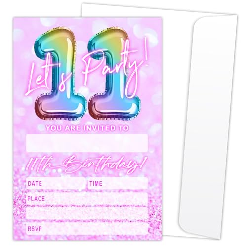 Let's Party Einladungskarten zum 11. Geburtstag, für Jungen, Mädchen, Kinder, rosa und glitzernde Luftballons, Einladungen, 20 Einladungen zum Ausfüllen mit Umschlägen, Geburtstagsparty, Gastgeschenk Let's Party Einladungskarten zum 11. Geburtstag, für Jungen, Mädchen, Kinder, rosa und glitzernde Luftballons, Einladungen, 20 Einladungen zum Ausfüllen mit Umschlägen, Geburtstagsparty, Gastgeschenk von LONLONBANG