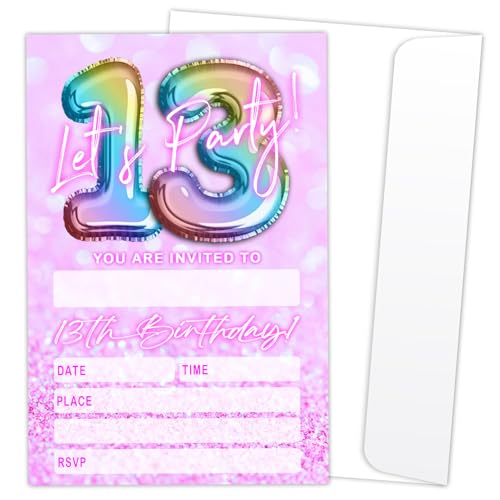 Let's Party Einladungskarten zum 13. Geburtstag, für Jungen, Mädchen, Teenager, rosa und glitzernde Luftballons, Einladungen, 20 Einladungen zum Ausfüllen mit Umschlägen, Geburtstagsparty Let's Party Einladungskarten zum 13. Geburtstag, für Jungen, Mädchen, Teenager, rosa und glitzernde Luftballons, Einladungen, 20 Einladungen zum Ausfüllen mit Umschlägen, Geburtstagsparty von LONLONBANG