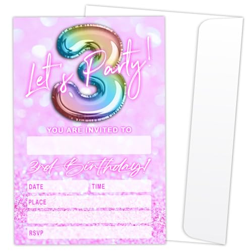 Let's Party Einladungskarten zum 3. Geburtstag, für Jungen, Mädchen, Kinder, rosa und glitzernde Luftballons, Einladungen, 20 Einladungen zum Ausfüllen mit Umschlägen, Geburtstagsparty, Gastgeschenk Let's Party Einladungskarten zum 3. Geburtstag, für Jungen, Mädchen, Kinder, rosa und glitzernde Luftballons, Einladungen, 20 Einladungen zum Ausfüllen mit Umschlägen, Geburtstagsparty, Gastgeschenk von LONLONBANG
