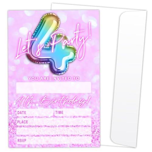 Let's Party Einladungskarten zum 4. Geburtstag, für Jungen, Mädchen, Kinder, rosa und glitzernde Luftballons, Einladungen, 20 Einladungen zum Ausfüllen mit Umschlägen, Geburtstagsparty, Gastgeschenk Let's Party Einladungskarten zum 4. Geburtstag, für Jungen, Mädchen, Kinder, rosa und glitzernde Luftballons, Einladungen, 20 Einladungen zum Ausfüllen mit Umschlägen, Geburtstagsparty, Gastgeschenk von LONLONBANG