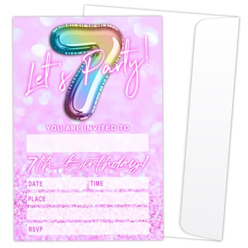 Let's Party Einladungskarten zum 7. Geburtstag, für Jungen, Mädchen, Kinder, rosa und glitzernde Luftballons, Einladungen, 20 Einladungen zum Ausfüllen mit Umschlägen, Geburtstagsparty, Gastgeschenk Let's Party Einladungskarten zum 7. Geburtstag, für Jungen, Mädchen, Kinder, rosa und glitzernde Luftballons, Einladungen, 20 Einladungen zum Ausfüllen mit Umschlägen, Geburtstagsparty, Gastgeschenk von LONLONBANG