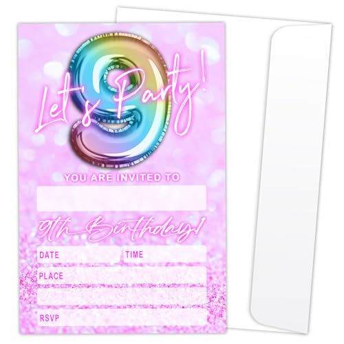 Let's Party Einladungskarten zum 9. Geburtstag, für Jungen, Mädchen, Kinder, rosa und glitzernde Luftballons, Einladungen, 20 Einladungen zum Ausfüllen mit Umschlägen, Geburtstagsparty, Gastgeschenk Let's Party Einladungskarten zum 9. Geburtstag, für Jungen, Mädchen, Kinder, rosa und glitzernde Luftballons, Einladungen, 20 Einladungen zum Ausfüllen mit Umschlägen, Geburtstagsparty, Gastgeschenk von LONLONBANG