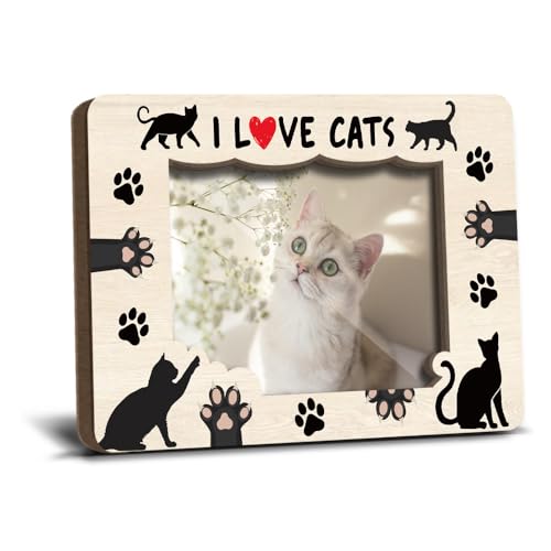Magnetischer Bilderrahmen mit Aufschrift "I Love Cats", für Katzenliebhaber, Haustierbesitzer, Frauen, Freunde, Kühlschrank-Spind, Dekoration, Holz, magnetisch, für 6,3 x 8,9 cm große Fotos – YT0239 von LONLONBANG