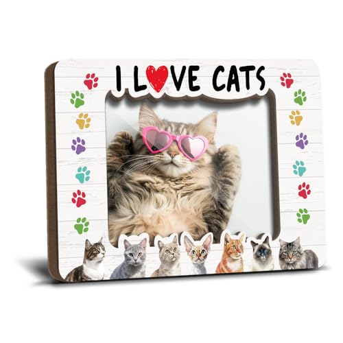 YT0238 Magnetischer Bilderrahmen mit Aufschrift "I Love Cats", für Katzenliebhaber, Haustierbesitzer, Frauen, Freunde, Kühlschrank-Spind, Dekoration, Holz, magnetisch, 6,3 x 8,9 cm von LONLONBANG