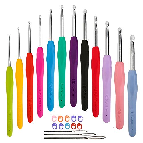 Häkelnadeln (Set mit 3/9) mit Tasche, glatte Stricknadel, Webwerkzeug, ergonomischer Gummi-Griff, bequem für arthritische Hände, Häkelanfänger set of 12 von LOOEN