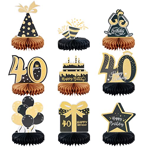 LOOPES 9 Stück 40 Geburtstag Deko 40 Tischaufsätze Bienenwaben Geburtstag Waben Tischdeko Schwarz Gold 40. Geburtstag Happy 40th Birthday 3D Mittelstück für Frauen Männer Geburtstag Dekoration von LOOPES