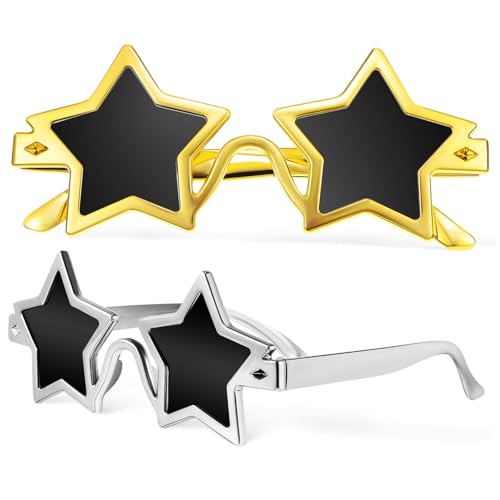 LOORGVEL 2 Paare Sonnenbrille Gold und Silber Originelle Partybrille für Erwachsene Stylische Stern Sonnenbrille als Foto Accessoire und Spaßbrille für Karneval und Feierlichkeiten von LOORGVEL