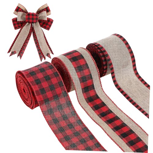 LOORGVEL 3 Rollen Plaid Geschenkband Yards mit Rustikalem Karomuster Reißfestes Juteband für Weihnachtsdekoration Schleifen Basteln und Verpackung Klassische Rot Schwarz Kombi von LOORGVEL