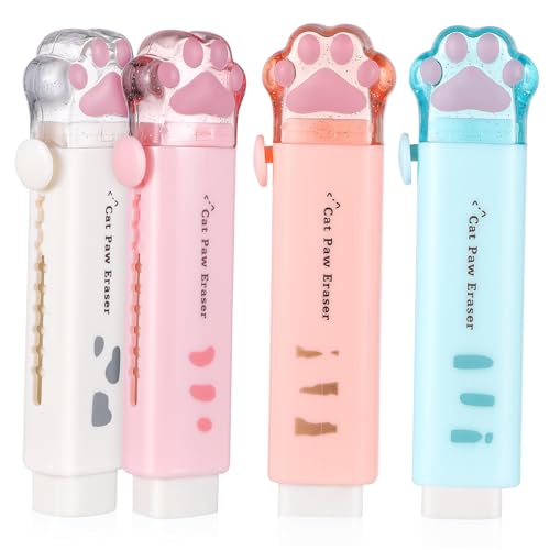 LOORGVEL 4 Stück Einziehbare Radiergummis Katzenpfote Kawaii Schreibwaren Süß Leicht Sauber Radieren für Schule Büro Zuhause von LOORGVEL