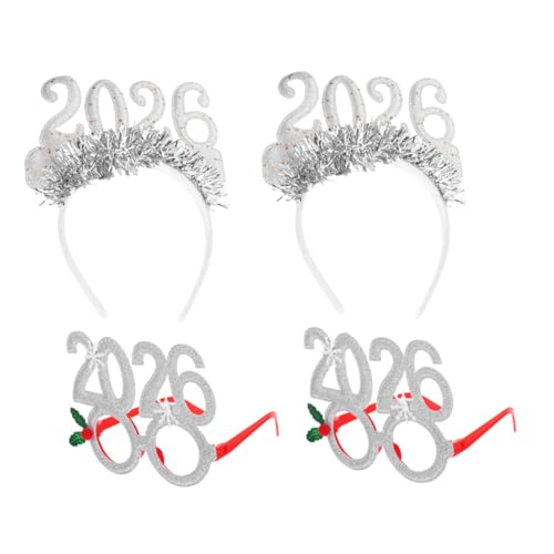LOORGVEL 4 Stücke Teiliges Silvester Party Glitzernde Happy Year Haarreifen und Brillen Vielseitige Leichte Festtags Accessoires für Silvester Weihnachten Familienfeiern und Festliche von LOORGVEL
