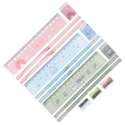LOORGVEL 6 Sätze Teiliges Stifteset mit Cartoon Motiven Handlicher Bleistiftspitzer Langlebiger Radiergummi Leichter Lineal als Schul und Geschenkset von LOORGVEL