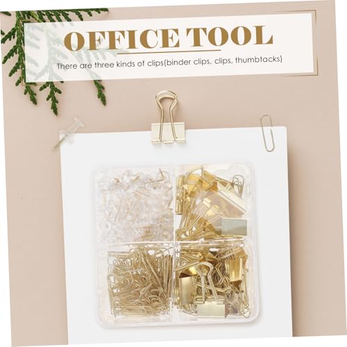 LOORGVEL Alloy Binder Clips und Pushpins Kreatives Büroklammer Metallklammern und Reißzwecken Vielseitig für Dokumentenorganisation Memo Fotohalter Transparent Goldfarben Aufbewahrungsbox von LOORGVEL