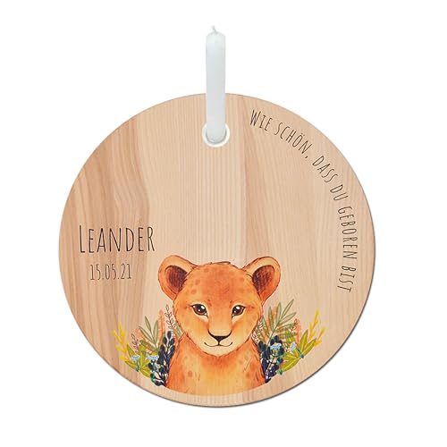 LOOXIS Personalisierter Geburtstagsteller für Kinder mit Namen bedruckt – 20cm, inkl. Kerze, Eschenholz – Geschenkidee Jungen, Mädchen, Geburt, Taufe, Kindergeburtstag – Motiv: Löwe von LOOXIS