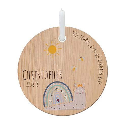 LOOXIS Personalisierter Geburtstagsteller für Kinder mit Namen Bedruckt – 20cm, inkl. Kerze, Eschenholz – Geschenkidee Jungen, Mädchen, Geburt, Taufe, Kindergeburtstag – Motiv: Schnecke Blau von LOOXIS