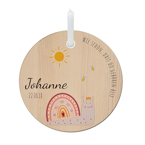 LOOXIS Personalisierter Geburtstagsteller für Kinder mit Namen Bedruckt – 20cm, inkl. Kerze, Eschenholz – Geschenkidee Jungen, Mädchen, Geburt, Taufe, Kindergeburtstag – Motiv: Schnecke Rosa von LOOXIS