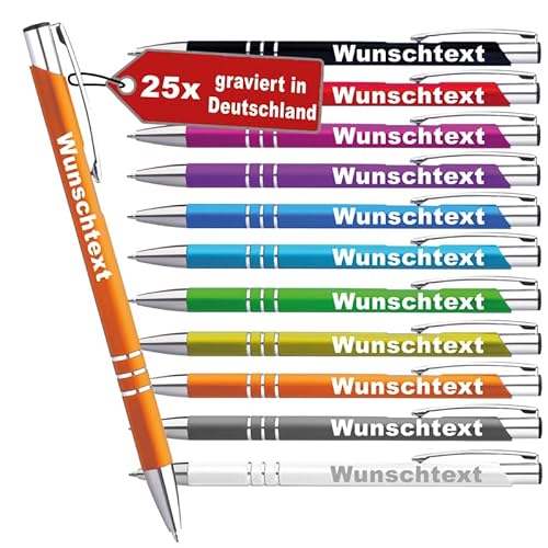 LOPREX 25 Stück Kugelschreiber mit Gravur – personalisierte Kugelschreiber aus Metall mit Wunschtext – Geschenk für Firmen, Schulen & Hochzeiten – 10 Farben & 10 Schriftarten – Orange von LOPREX