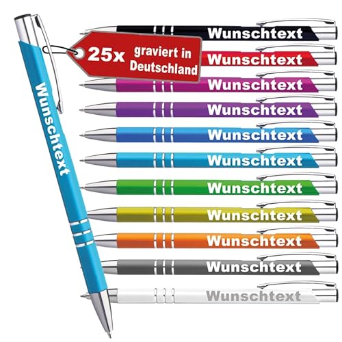 LOPREX 25 Stück Kugelschreiber mit Gravur – personalisierte Kugelschreiber aus Metall mit Wunschtext – Geschenk für Firmen, Schulen & Hochzeiten – 10 Farben & 10 Schriftarten – Türkis von LOPREX