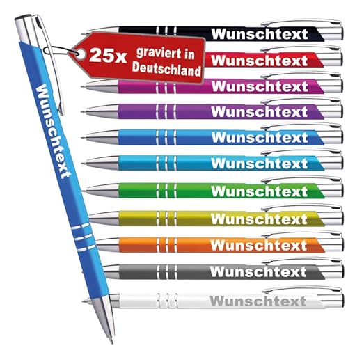 LOPREX 25 Stück Kugelschreiber mit Gravur – personalisierte Kugelschreiber aus Metall mit Wunschtext – Geschenk für Firmen, Schulen & Hochzeiten – 10 Farben & 10 Schriftarten – Blau von LOPREX