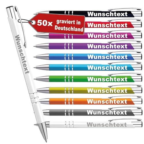 LOPREX 50 Stück Kugelschreiber mit Gravur – personalisierte Kugelschreiber aus Metall mit Wunschtext – Geschenk für Firmen, Schulen & Hochzeiten – 10 Farben & 10 Schriftarten – Weiß von LOPREX