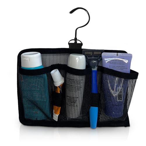 LOPYRLO Dusch-Reise-Set zum Aufhängen, Netzstoff, große Kapazität, Reise-Organizer mit 3 Fächern und 2 Gummibändern (schwarz) (drehbarer Haken) von LOPYRLO