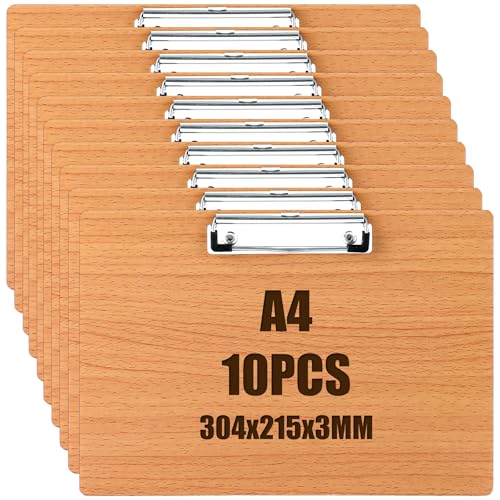 LOPYXBR 10 Stück Klemmbrett A4 Horizontal, Schreibbrett Klemmbretter a4 Holz Schreibplatte mit Metallclip und Verdecktem Aufhängeloch, Clipboard A4 Holz Zwischenablage für Büro, Schule von LOPYXBR
