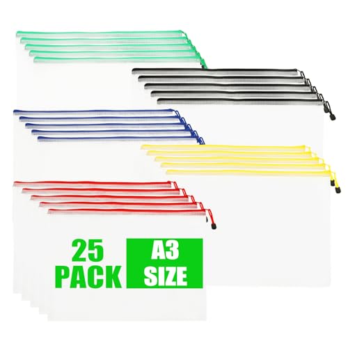 LOPYXBR 25 Stück Dokumententasche A3 Bunt Dokumententasche mit Reißverschluss Wasserdichte Dokumentenmappe Mesh für Bürobedarf, Dokumente, Papier von LOPYXBR