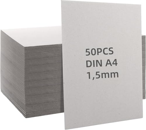 LOPYXBR 50 Blatt Graupappe A4, Buchbinderpappe 1,5 mm, Bastelkarton DIN A4 21 x 29,7 cm, Graukarton für Buchbinden, Basteln, Modellbau, Kalender, Verpackungskarten, Bastelkarton von LOPYXBR