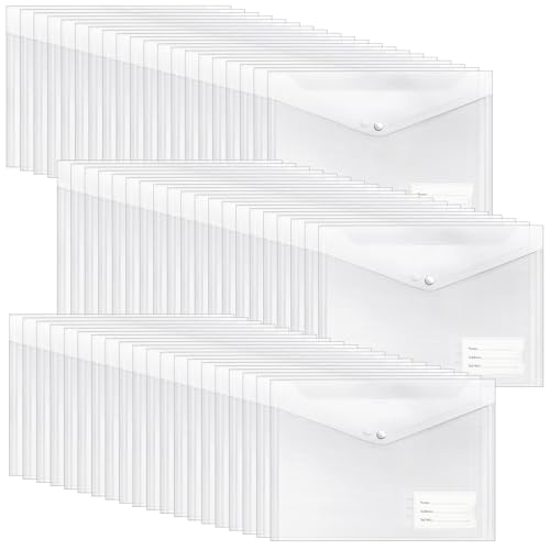 LOPYXBR 60 Stück Dokumententasche A4 mit Druckknopf & Etikettentasche, Transparent Dokumententaschen A4 Dokumentenmappe für Organizer Dokumente in Schulen und Büros von LOPYXBR