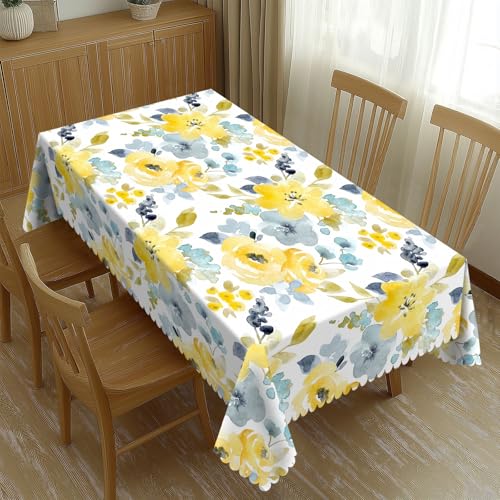 LORCARVIS Frühlingsgelbe Tischdecke mit Blumenmuster, Polyester, rechteckig, waschbar, saisonale Tischplatte für Küche, Esszimmer, Party, Picknick, 137 x 183 cm von LORCARVIS