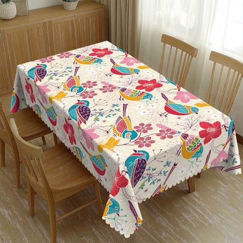 LORCARVIS Tischdecke mit Blumenmuster und Vögeln, rechteckig, Polyester, waschbar, saisonale Tischplatte für Küche, Esszimmer, Party, Picknick, 137 x 183 cm von LORCARVIS