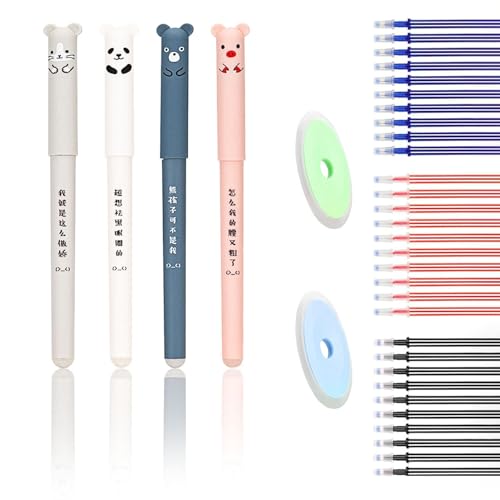 LOREC 12 Stück Cartoon Radierbarer Kugelschreiber Blau 0,35mm Tintenroller Radierbar mit 30 Stück Nachfüllungen und 2 Radiergummis, Erasable Pen Panda Gelschreiber Radierbar für Kinder Studenten von LOREC