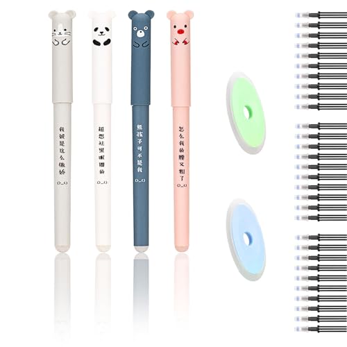 LOREC 4 Stück Cartoon Radierbarer Kugelschreiber 0,35mm mit 50 Nachfüllungen und 2 Radiergummis, Tintenroller Radierbar Erasable Pen Gelschreiber Radierbar für Erwachsene Kinder Studenten Schwarz von LOREC