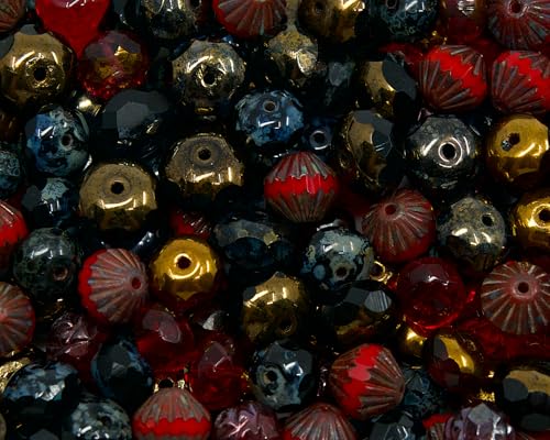 10g Facettierte Feuerpolierte Perlen Mix (Kathedrale, Rondelle, Lanthern), Mix Schwarz Rot, Glas, Tschechische Republik von LOSKOSSLTDD1
