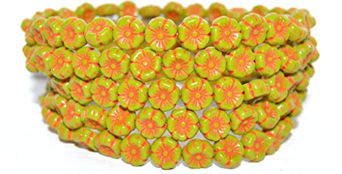 150 Stück Hawaii-Blumen-gepresste Glasperlen, blickdicht, grüne Neonrose (53400 Neon Rose), Glas, Tschechische Republik, Größe 8 mm von LOSKOSSLTDD1