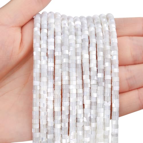 150 Stück natürliche weiße Muschel-Abstandshalter-Perlen, lose Halbedelstein-Perlen, flach, rund, Heishi-Scheibensteinperlen für Perlenschmuckherstellung, 4 mm x 2 mm, 38 cm von LOSKOSSLTDD1