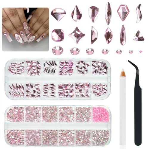 3080 Stück rosa Strasssteine, Nagelkristalle, 120 verschiedene Formen, flache Rückseite, hellrosa Edelsteine, runde Perlen, K9 Glassteine, Diamanten, Schmucksteine, Nagelkunst-Zubehör, Nagelanhänger von LOSKOSSLTDD1