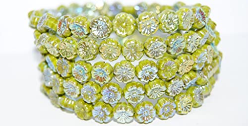 Gepresste Hawaii-Blumen-Glasperlen, blickdicht, grün, 2 x Seite (53400 ab 2 Seite), Glas, Tschechische Republik, Größe 8 mm, 150 Stück von LOSKOSSLTDD1