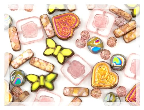 Glasperlen-Mix mit Tischschnittblumen- und Schmetterlings-Perlen, PG, Hellgrün, Rosa, 60 g von LOSKOSSLTDD1
