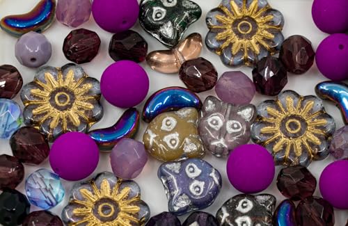 Limitierte Mischung aus großen tschechischen Glasperlen, Katzenköpfen, Gänseblümchen und facettierten Perlen, handgefertigtes Set, violette Katzen, 40 g von LOSKOSSLTDD1