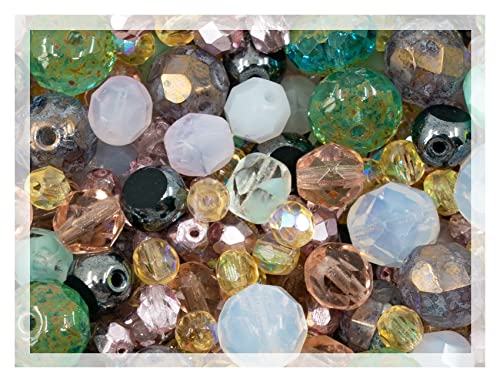 Sanfte Mischung aus facettierten, feuerpolierten tschechischen Glasperlen (rund, Rondelle usw.), 4–10 mm, hellrosa, blaugrün, gelber Opal, 50 g von LOSKOSSLTDD1