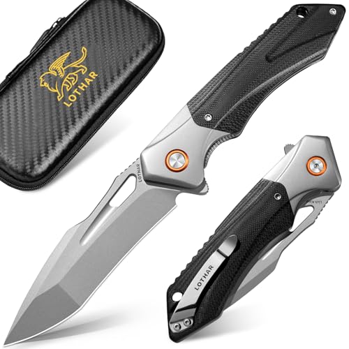 LOTHAR LICH KING Klappmesser, Taschenmesser aus D2 Stahl, Einhandmesser mit G10 Griff, Outdoor Messer Survival für Camping, Jagd & Abenteuer (D2-Grau) von LOTHAR